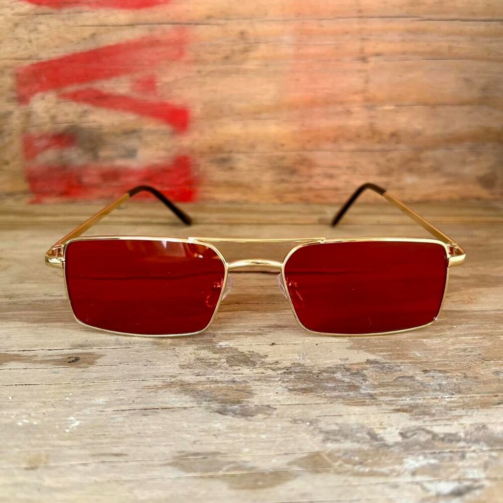 y2k style red classy sporty slim gold trim red lens sunglasses - Picture 4 of 7